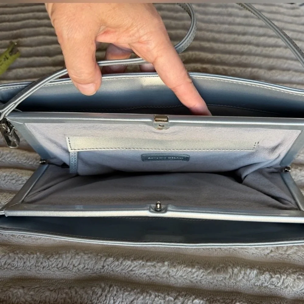 Antonio Melani Silver Metallic Leather Shoulder Bag Crossbody Rectangular Clutch